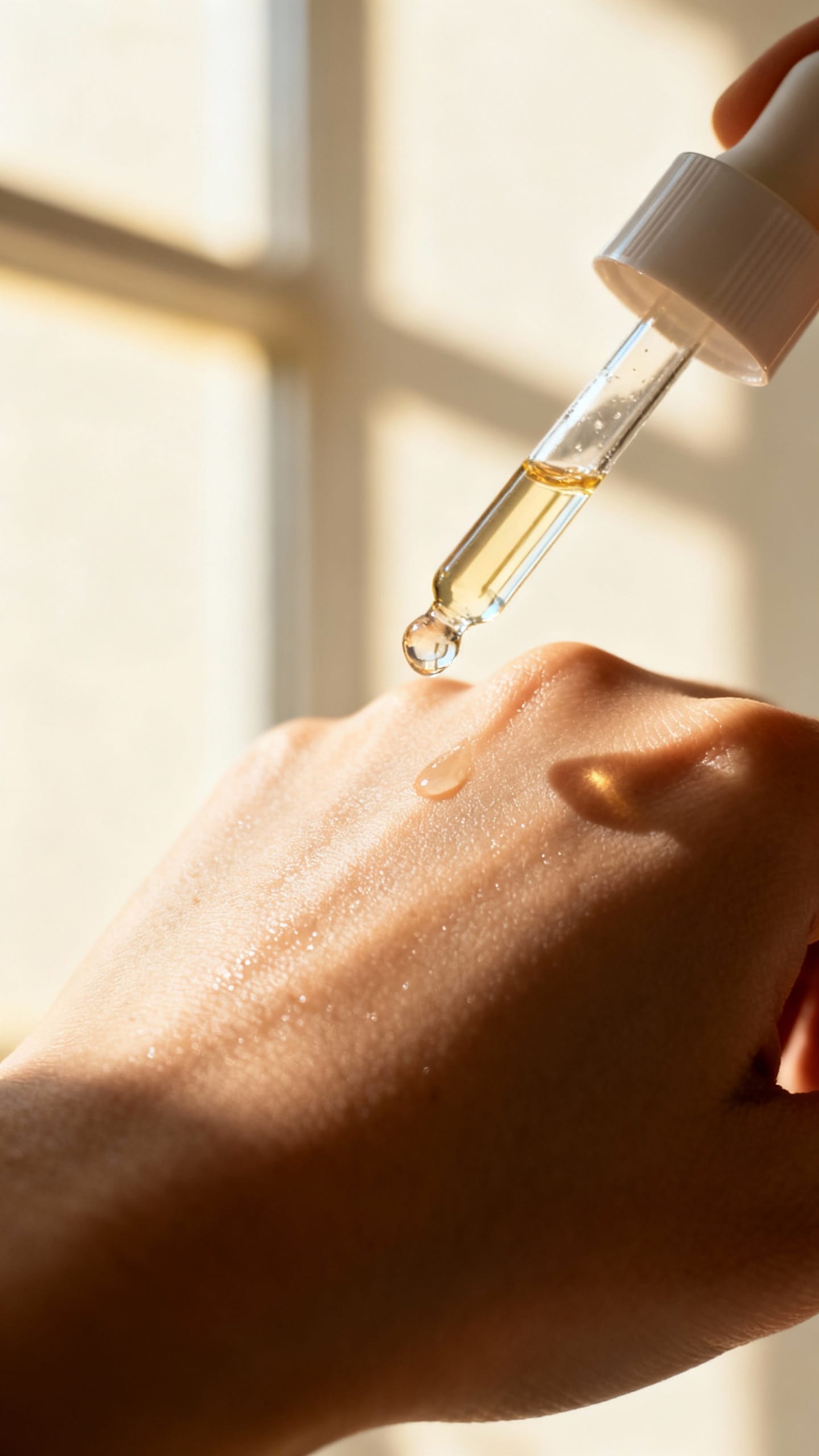 Serum dropper over clean cheek, soft morning window light