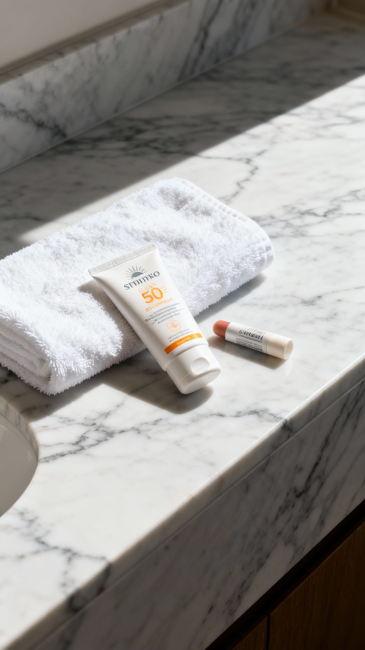 White towel, sunscreen tube, lip balm on marble counter