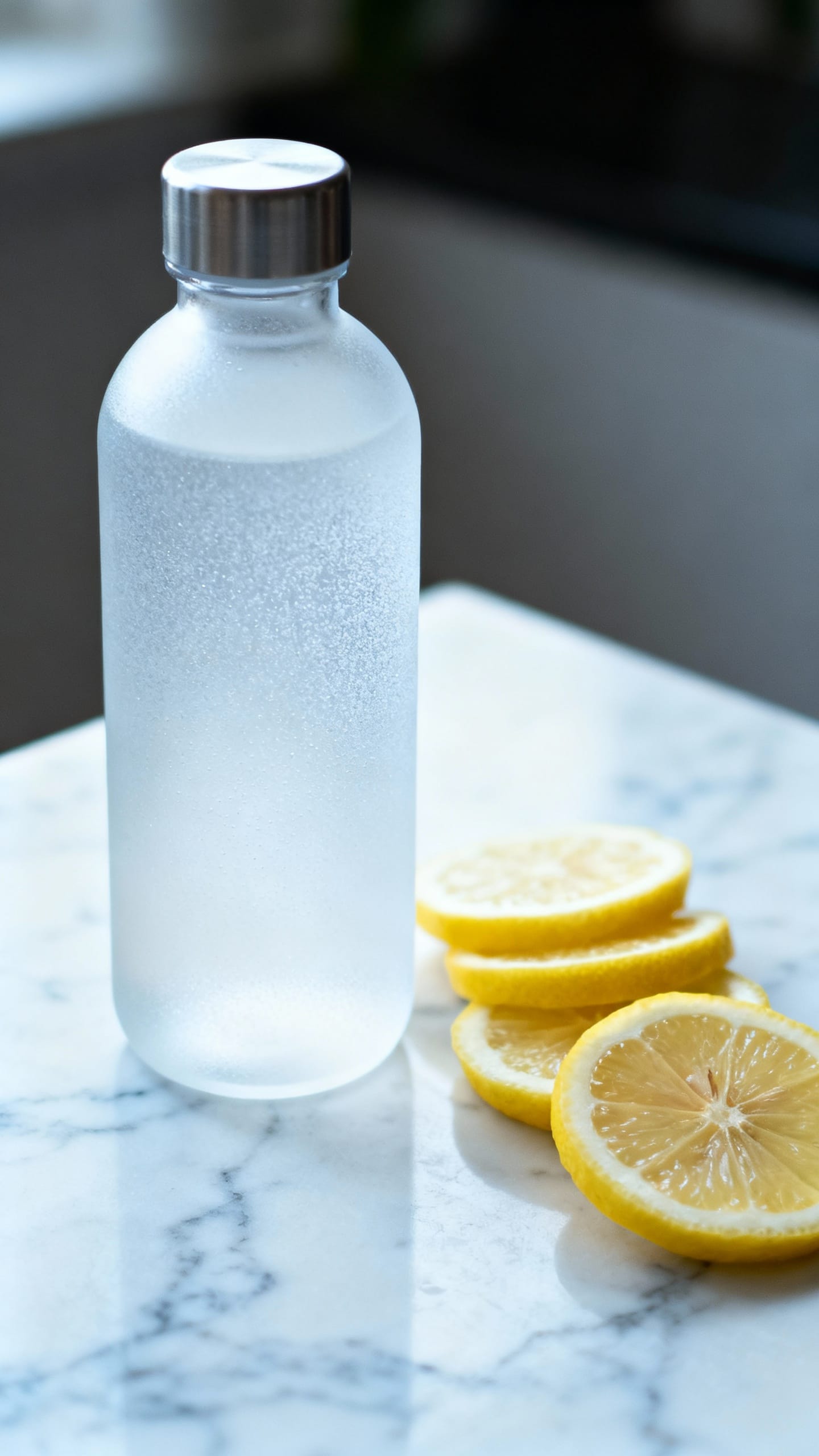 Frosted glass water bottle with lemon slices on marble