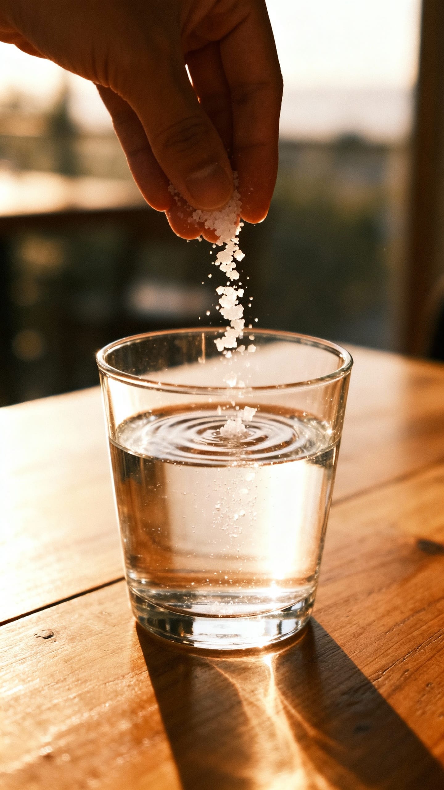 Hand sprinkling sea salt into water glass, morning light