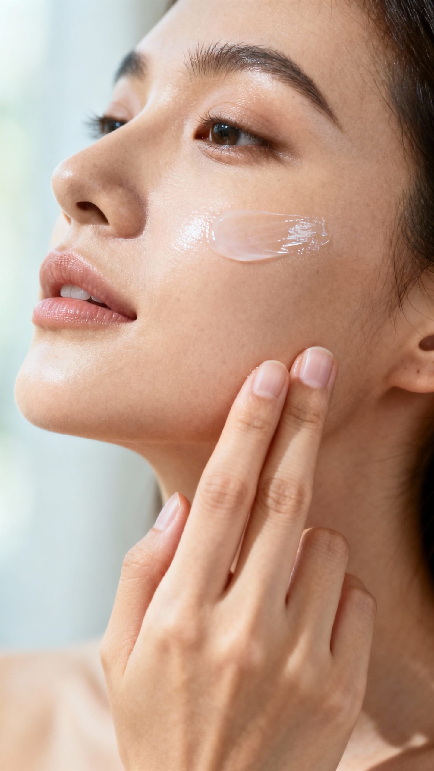 Woman applying clear SPF to cheeks, soft daylight close-up
