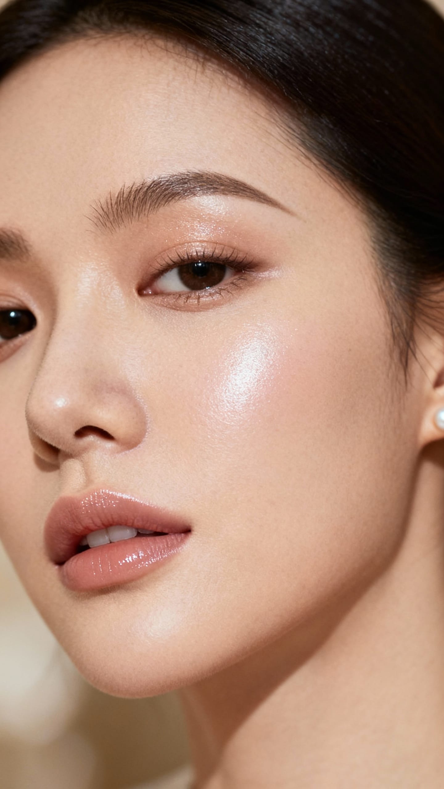 soft-matte glass skin portrait, targeted cheekbone highlight
