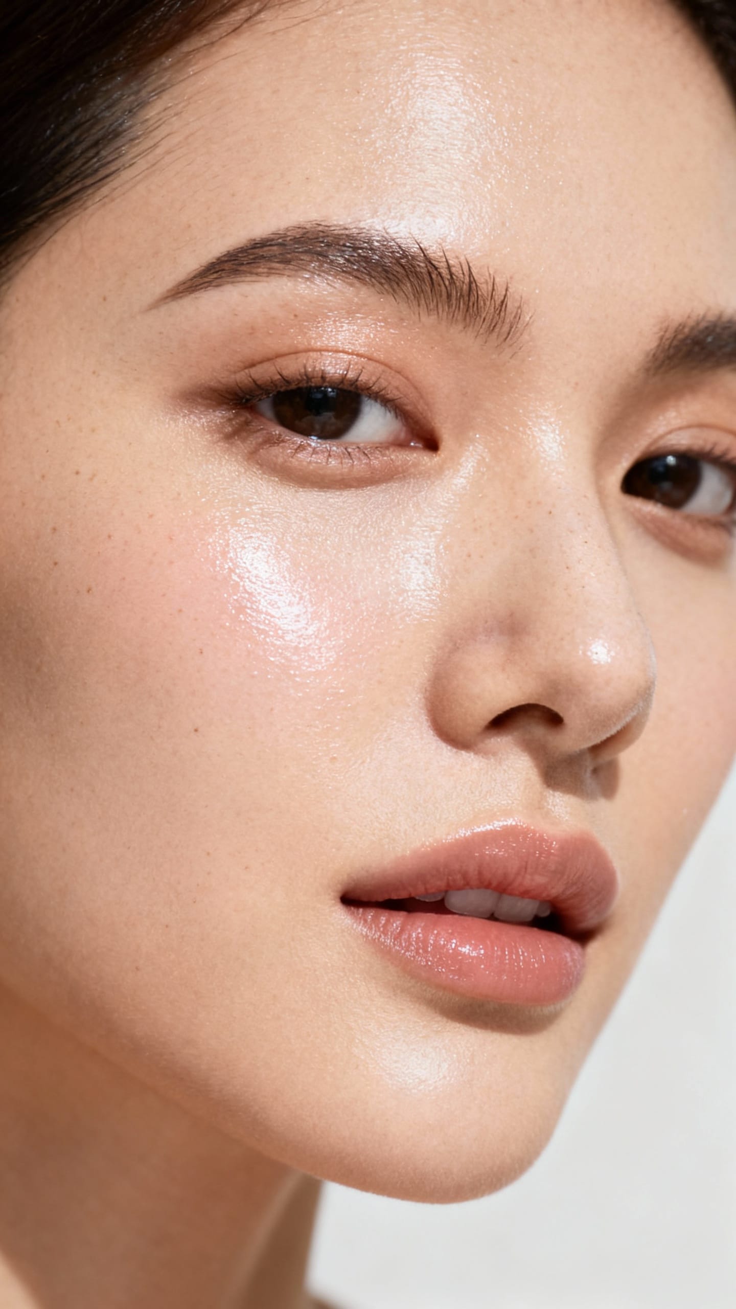 dewy high points, natural pores visible, studio beauty headshot