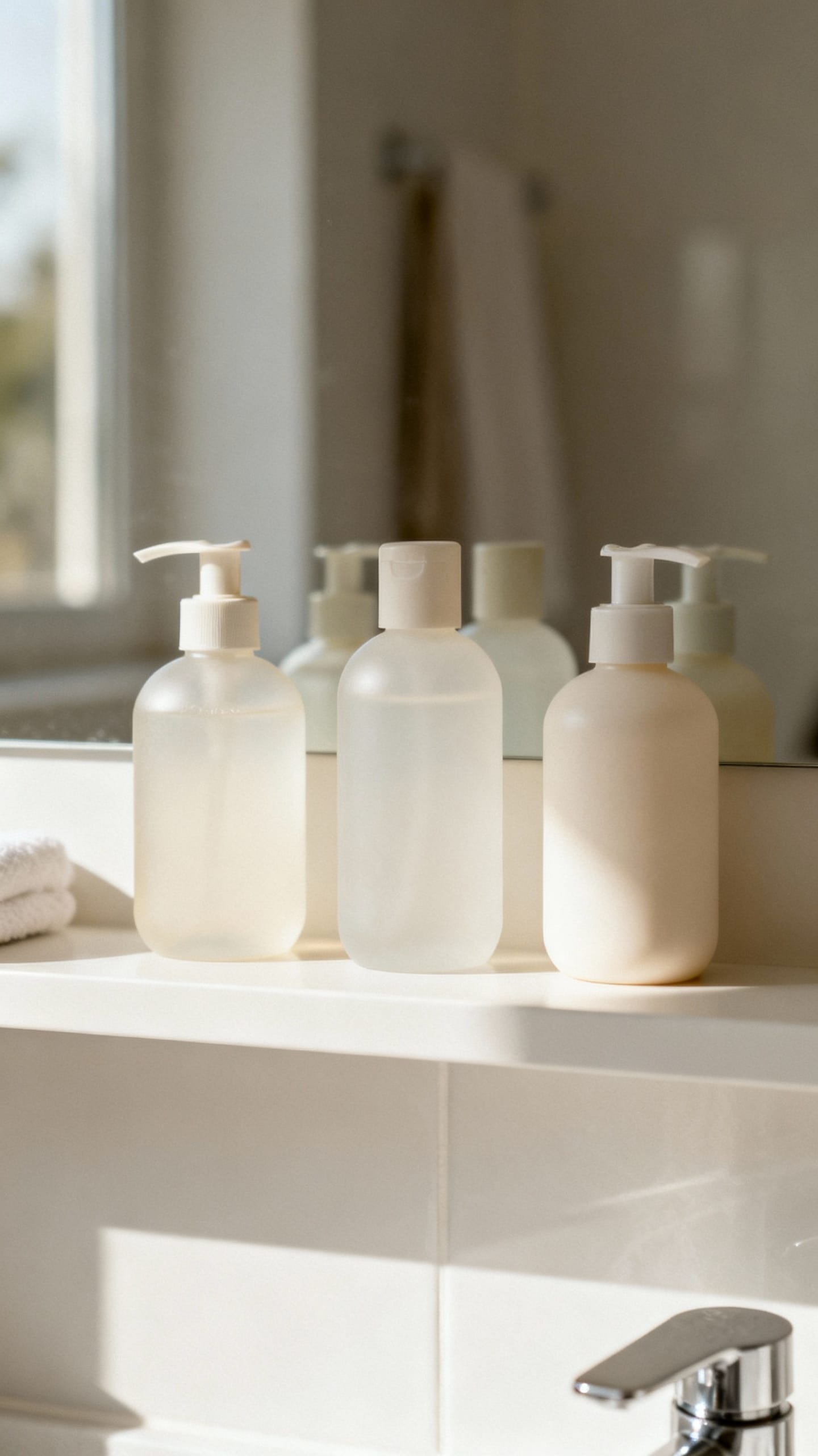 Minimalist bathroom shelf with three skincare bottles