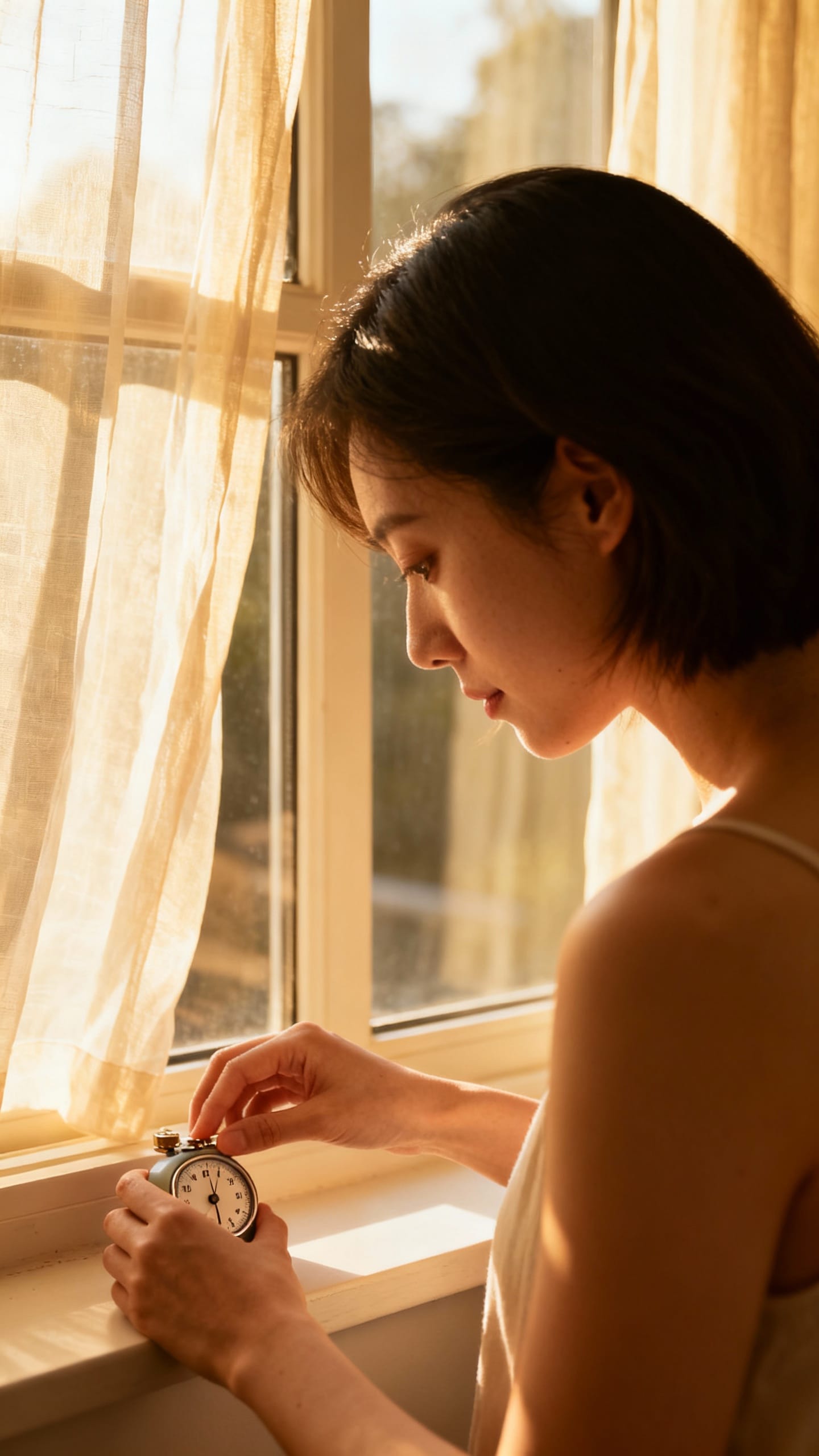 Woman timing five-minute morning routine beside window light