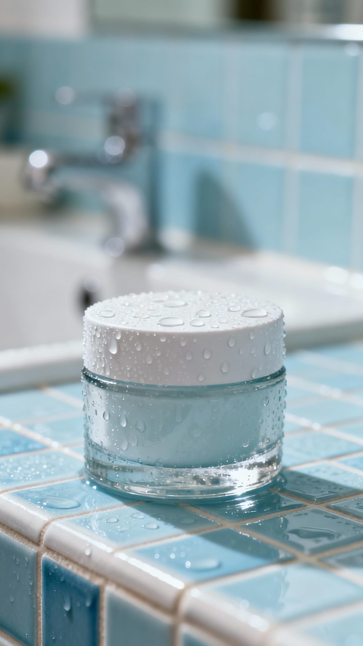 Moisturizer jar with condensation in humid summer bathroom