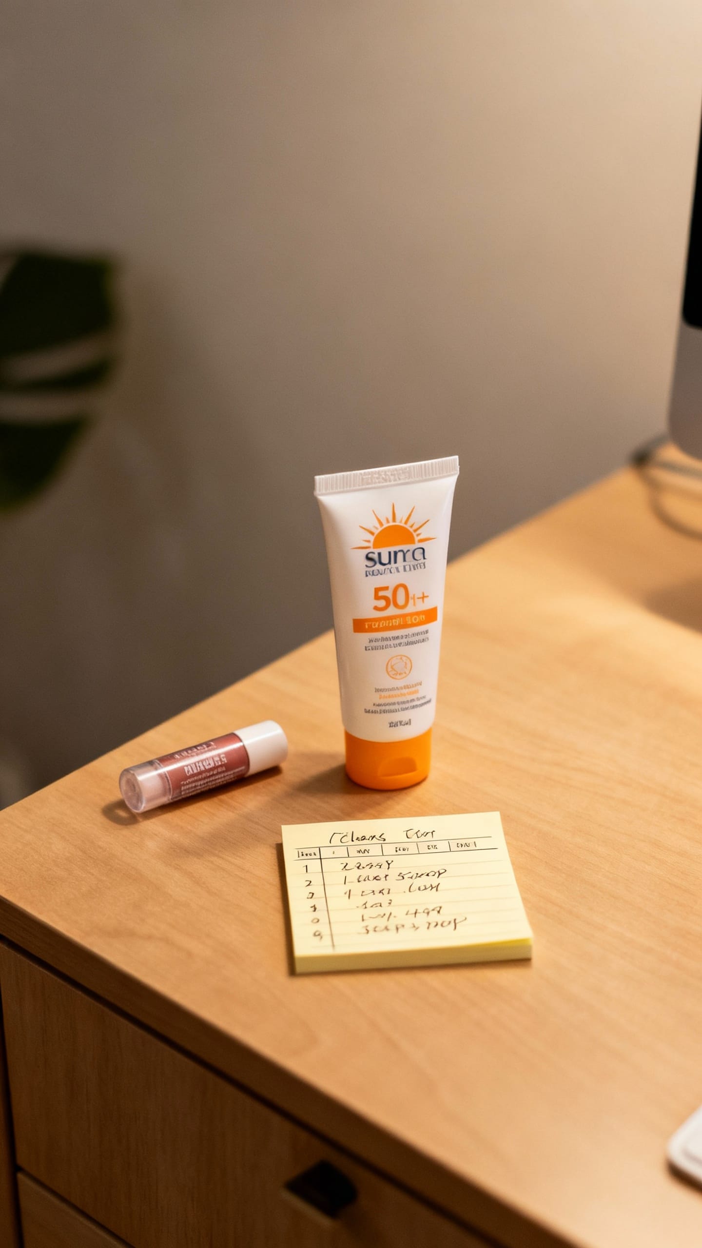 Desk with SPF, lip balm, and sticky note schedule