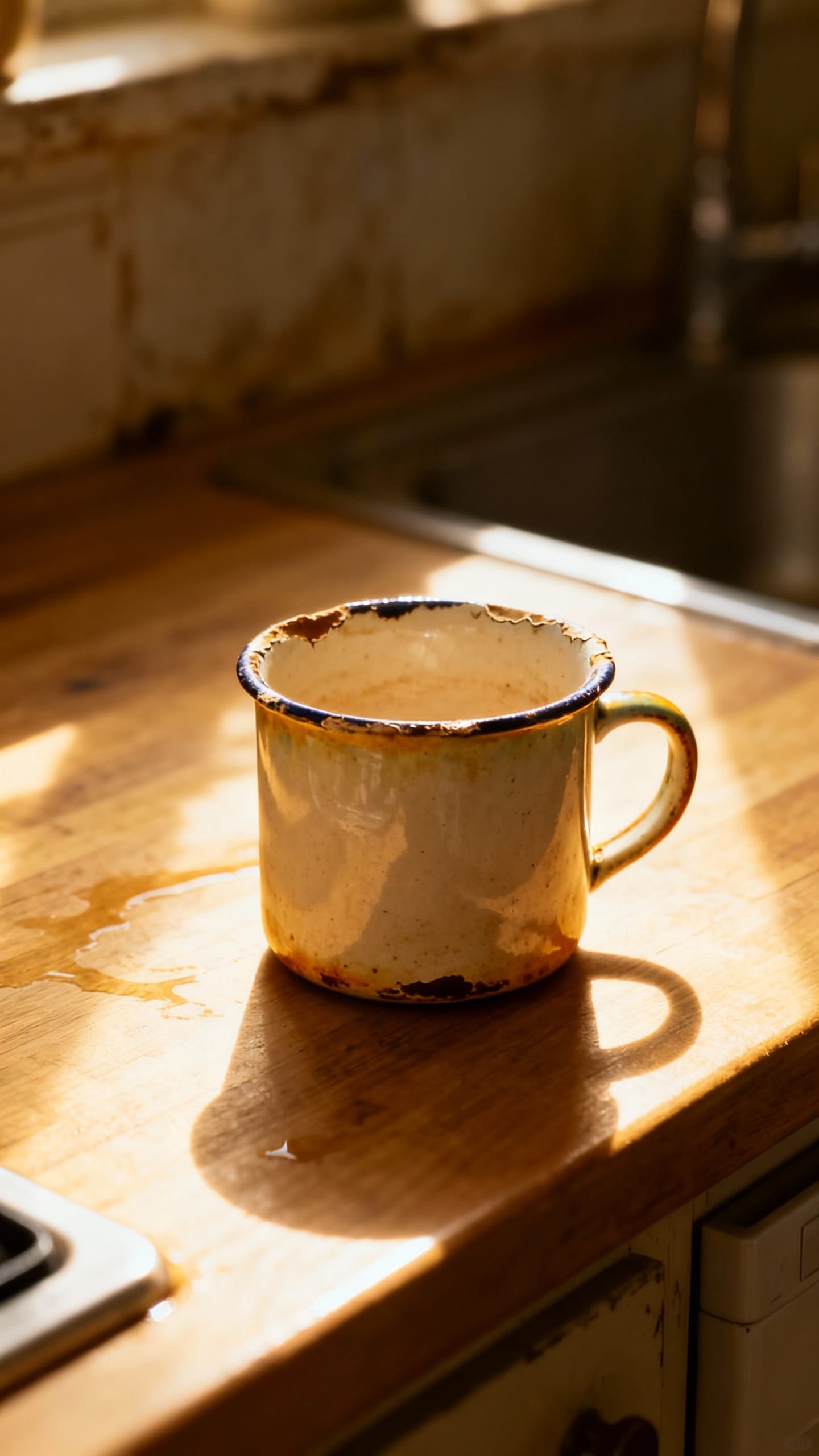 well-used ceramic mug on sunlit kitchen counter
