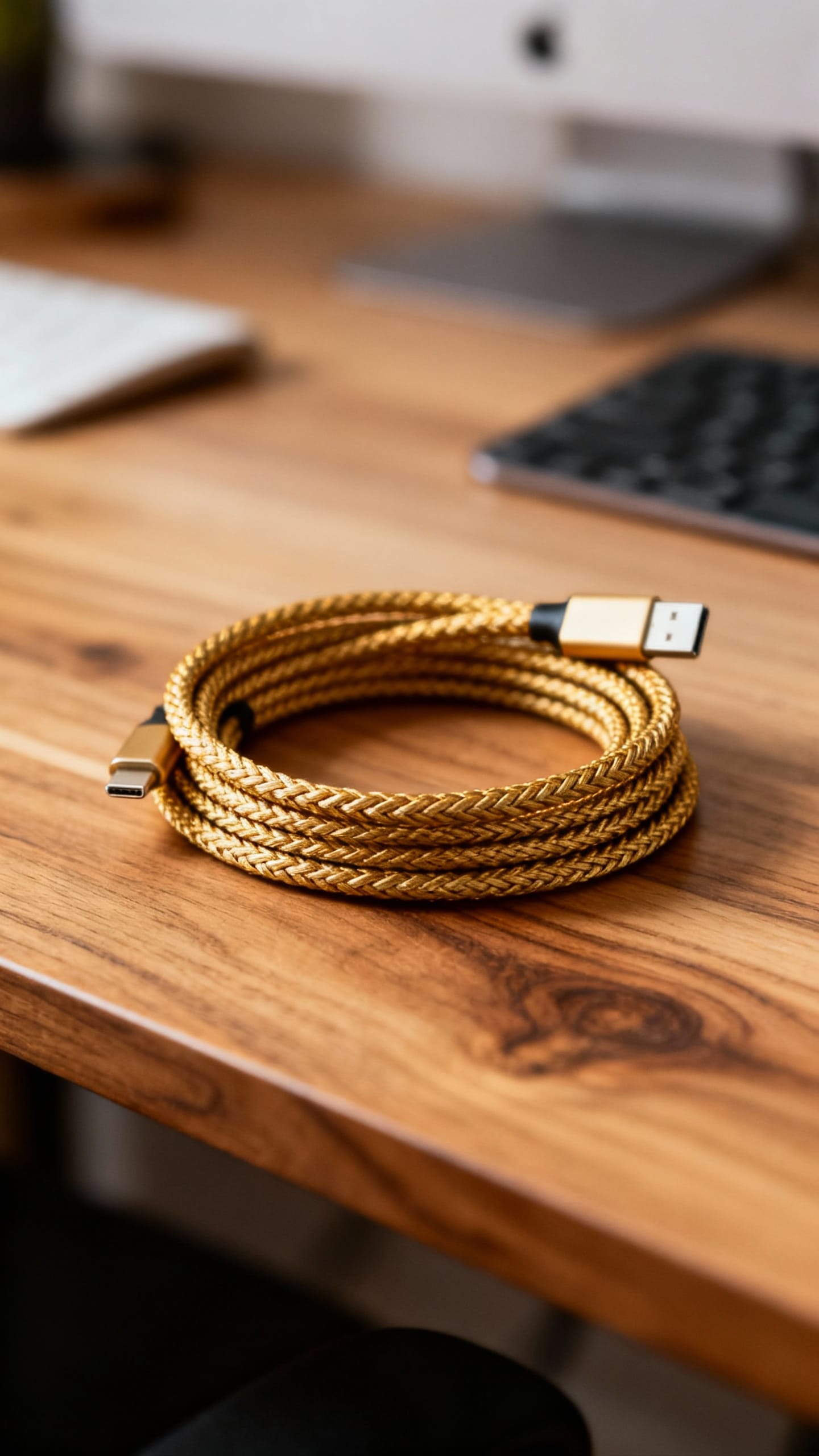 braided lightning cable on wooden desk, no fray