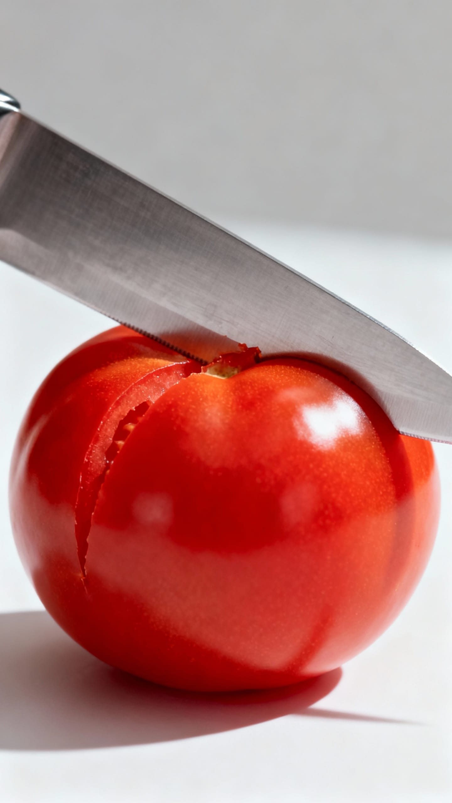 chef’s knife slicing ripe tomato, clean cut