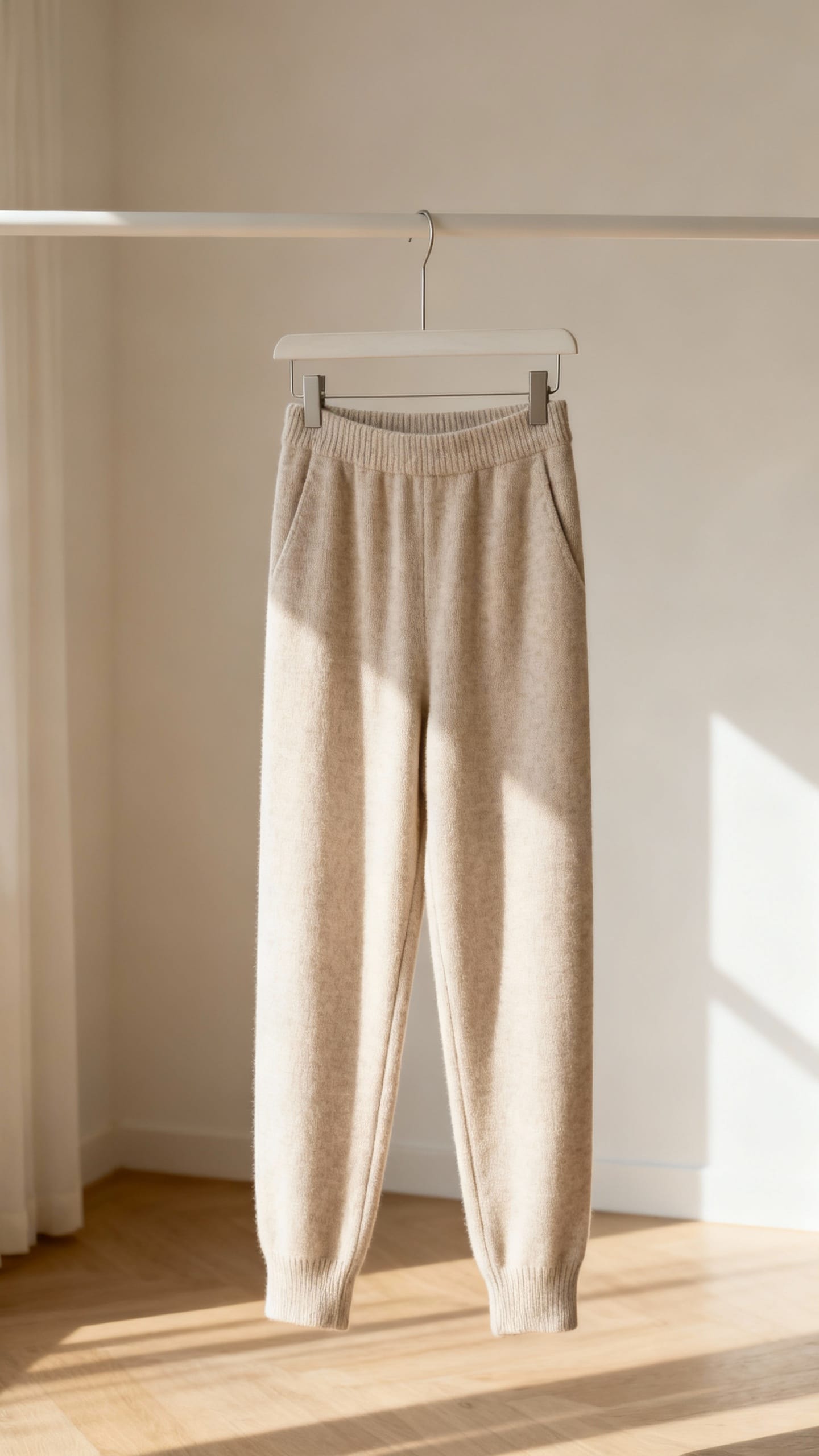 cozy knit joggers on minimalist hanger, soft daylight