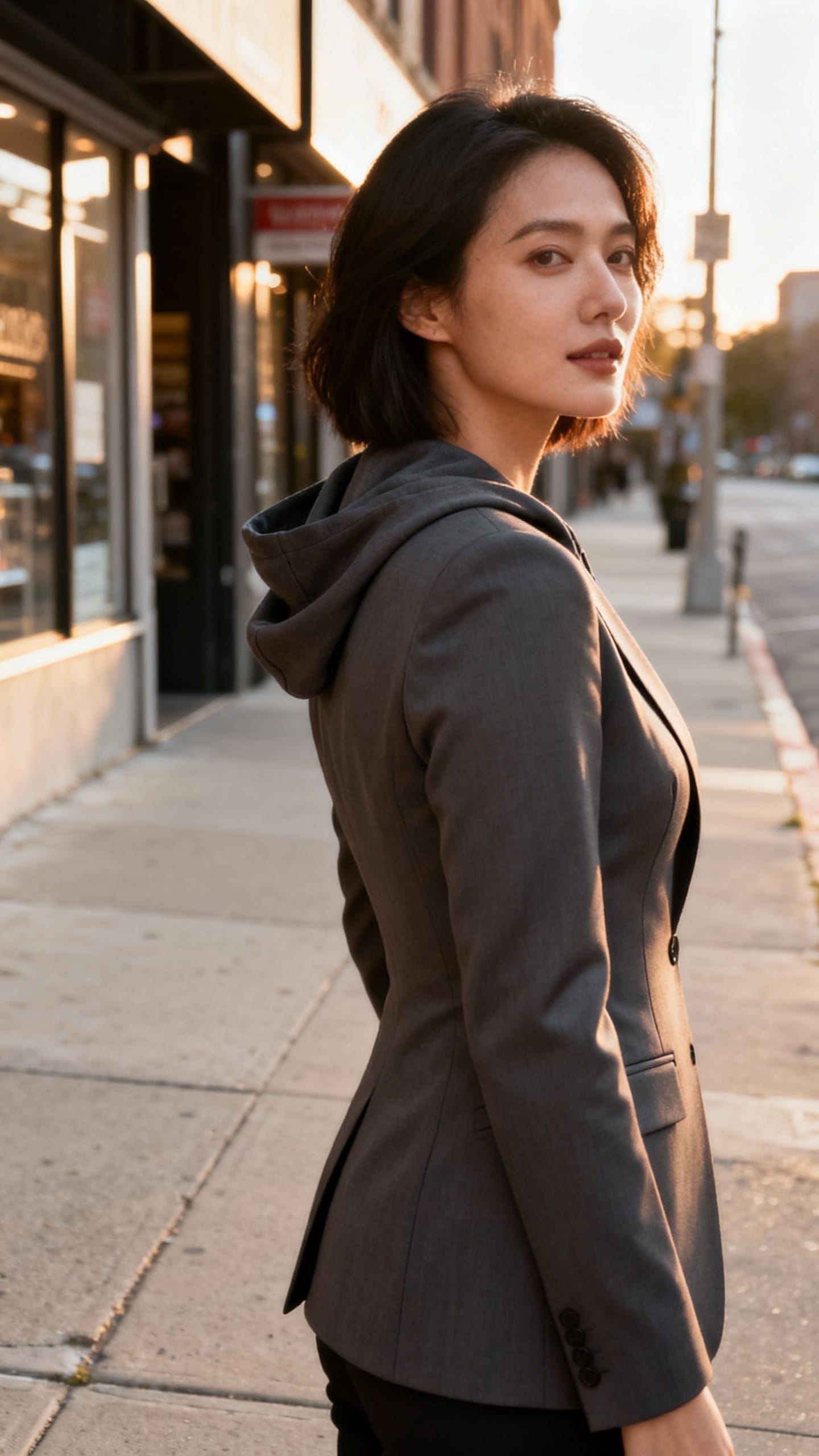 woman in tailored hoodie blazer, city sidewalk, natural light