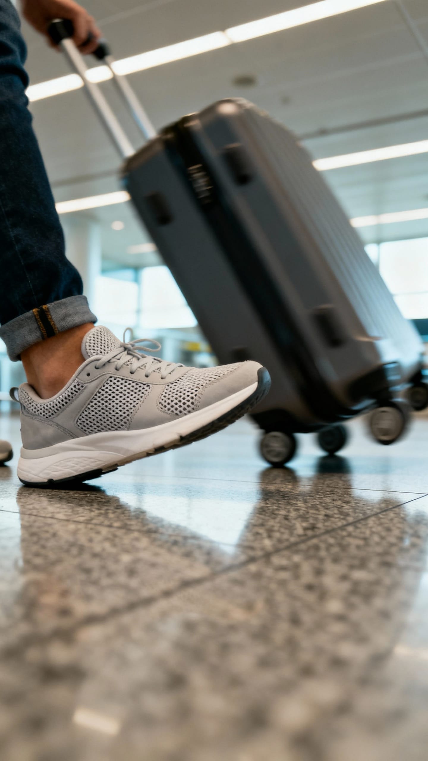 breathable sneakers on airport floor, rolling suitcase, motion blur