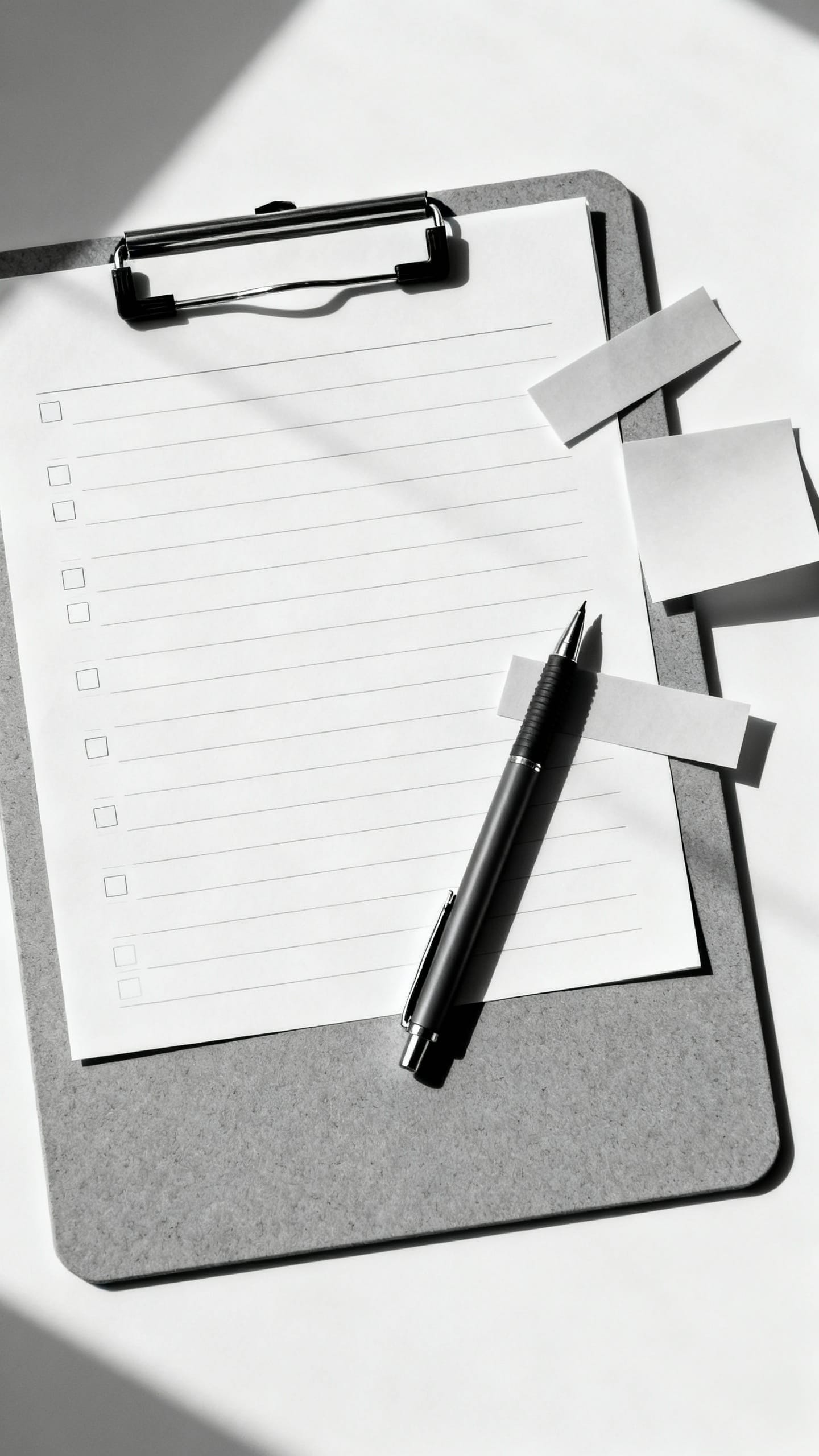 minimalist gift checklist on clipboard, pen, sticky tabs