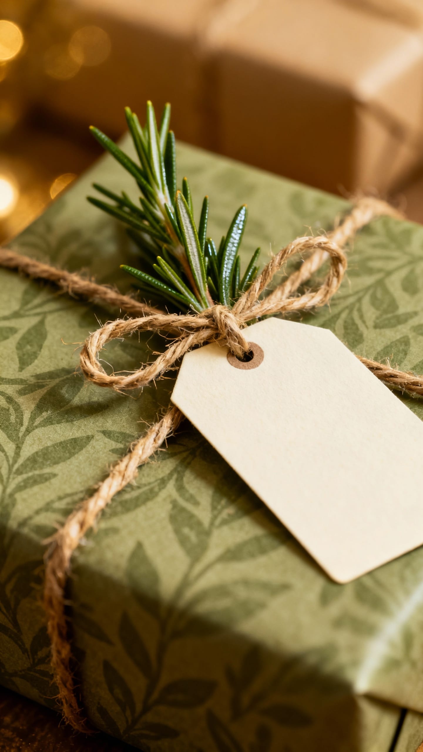 wrapped present with custom tag, twine, sprig of rosemary