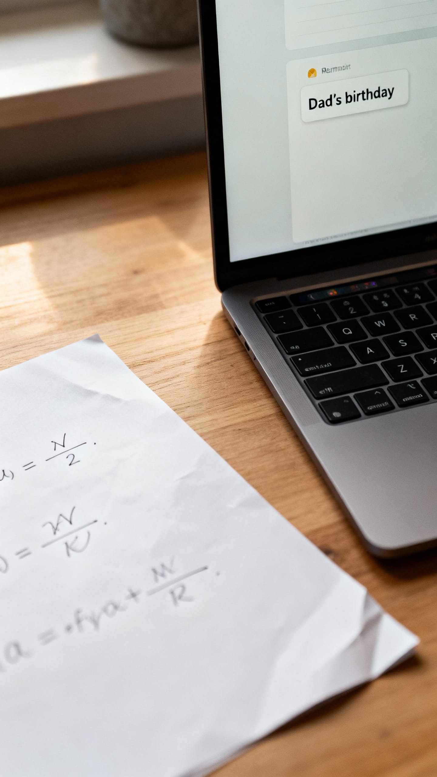 desk scene: laptop reminder “Dad’s birthday,” formula sketched